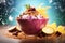 Acai bowl with granola and coconut healthy food background