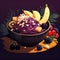 Acai bowl illustration with strawberries, banana, blueberries, kiwi and granola. Nourishing breakfast full of vitamins,