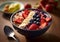 Acai bowl with smoothie and ripe banana with various healthy berries on table.Macro.AI Generative