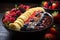 Acai bowl surrounded by vibrant tropical fruits in enchanted forest., generative IA