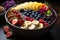 Acai bowl surrounded by vibrant tropical fruits in enchanted forest., generative IA