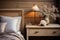 Accent bedside cabinet near bed against wood paneling wall. AI generate