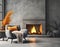 Accent chair with fur throw against concrete wall with fireplace. Loft home interior design