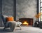 Accent chair with fur throw against concrete wall with fireplace. Loft home interior design