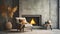 Accent chair with fur throw against concrete wall with fireplace. Loft home interior design