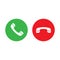 Accept call and decline phone icons. Green and red buttons with handset. Vector symbol set isolated on white background