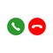 Accept and decline call or red and green yes no buttons with handset silhouettes icon. Call answer on isolated white background.