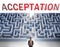 Acceptation can be hard to get - pictured as a word Acceptation and a maze to symbolize that there is a long and difficult path to