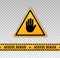 Access denied sign. Tape with message access denied. Yellow triangle banner with gesture hand stop isolated on background. Access