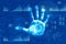 Access to data analytics. Hand scans fingerprints to access statistics. Graph and numbers on a blue background