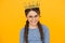 Accessorize your beauty. Little beauty queen yellow background. Beauty look of small girl. Junior prom party. Beauty and