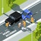 Accidence road. Paramedic first aid help to people police and medical workers vector isometric background