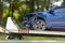 Accident Car Slide on truck for move. Blue car have damage by accident on road take with slide truck move