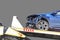 Accident Car Slide on truck for move. Blue car have damage by accident on road take with slide truck move . Isolate on gray