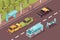 Accident crash isometric composition with outdoor scenery and damaged cars with ambulance police and people characters vector