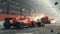 Accident of formula one racing cars at high speed on a race track