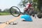 Accident motorcycle crash with bicycle on road