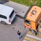 Accident on the road, the truck collided with the minibus, the drivers are standing by the car - Moscow, Russia, July 30, 2020