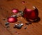 accidentally broken new year red ball, on a wooden floor background and preparation for the new year celebration