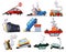 Accidents on road cars damaged. Road accident icons set with car crash symbols. Flat damaged vehicle insurance. Damaged