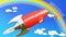 Accomplishments lead to achieving success in business and life. Cartoon rocket labeled with text Accomplishments, flying high in