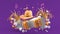 Accordion and a cowboy hat among the notes and colorful balls on the purple background.
