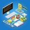 Accounting, business concept. Accountant workspace elements. Flat isometric