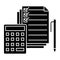 Accounting - calculator, pen, checkbox docs icon, vector illustration, black sign on isolated background