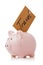 Accumulate travel money. Piggy bank with sticker isolated