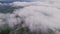 Accumulation of fog that formed a thick and white cloud above the mountains covered with green and dense forest. Filmed