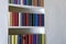 Accurate colorful books in a bookcase in white plastered wall