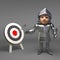 Accurate medieval knight in armour hits the bullseye, 3d illustration