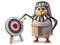 Accurate penguin pharaoh Tutankhamun points at the bullseye on the target, 3d illustration