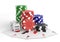 Aces lying near realistic casino chips or playing cards of different suits and stack of gambling  tokens for blackjack or sport po