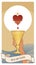 Aces of Tarot Cards. Cups. Hand holding a golden cup under a symbolic heart surrounded by thorns. Waves of water in the background