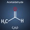 Acetaldehyde, ethanal, CH3CHO molecule. It is ketone, is used in the manufacture of acetic acid, perfumes, dyes, drugs, as a