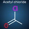 Acetyl chloride molecule. It is acyl chloride, acyl halide. Structural chemical formula on the dark blue background. Vector