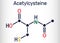 Acetylcysteine, N-acetylcysteine, NAC drug molecule. It is an antioxidant and glutathione inducer. Skeletal chemical