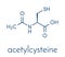 Acetylcysteine NAC mucolytic drug molecule. Also used to treat paracetamol overdose, Skeletal formula.
