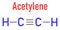 Acetylene or ethyne molecule. Used in oxy-acetylene welding. Skeletal formula.