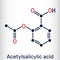 Acetylsalicylic acid, aspirin, ASA molecule. It is salicylate, analgesic and antipyretic medication used to treat pain