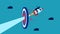 achieve goals. Businessman flying with rocket hitting target. vector