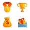 Achievement icons set cartoon vector. Award trophy cup gold medal and money bag