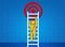 Achieving success. Person with arrow climbing ladder upwards to reach target, blue background. Creative illustration