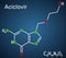 Aciclovir, acyclovir, ACV, antiviral agent, C8H11N5O3 molecule. It is used to treat herpes simplex, Varicella zoster, herpes