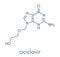 Aciclovir acyclovir antiviral drug molecule. Used in treatment of herpes simplex virus cold sores, herpes zoster shingles.