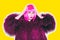 Acid crazy hot beautiful rock Girl in bright pink wig and sunglasses in lama leather swag style red fur winter coat