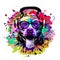 Acid dog head in eyeglasses and headphones illustration on white background with colorful creative elements
