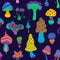 Acid mushrooms pattern. Seamless print of psychedelic trip colorful amanita and toadstool mushrooms. Vector hippie magic