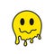 Acid smiley face. Yellow acid sticker with funny melted face. Melted smile emoji in acid style